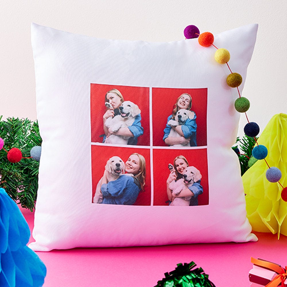 Four photos printed onto a Christmas cushion